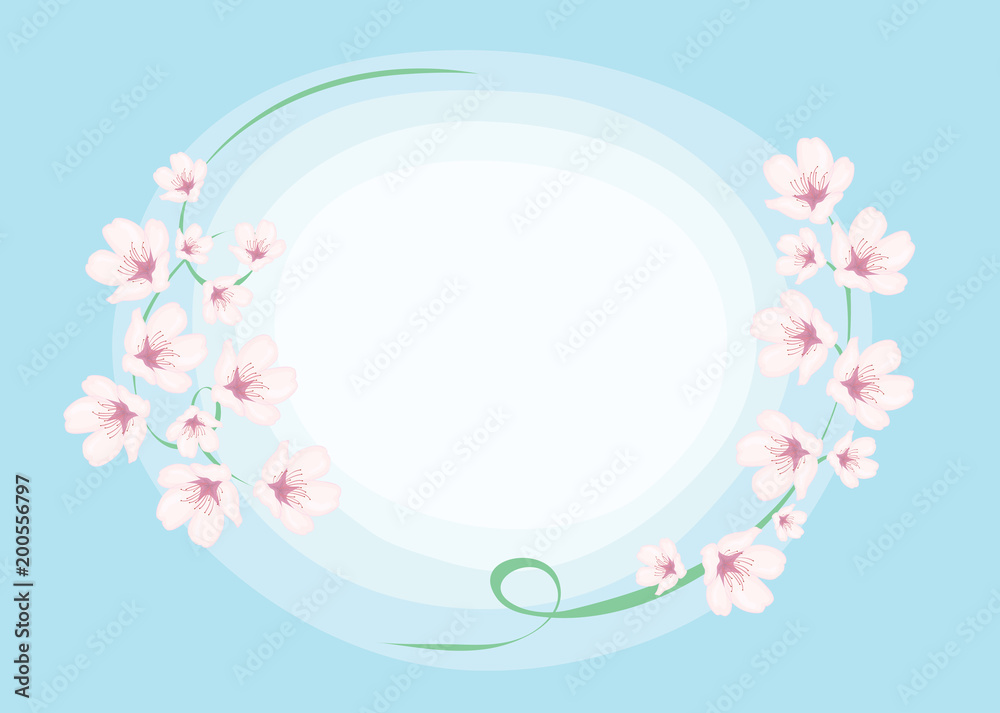 greeting card for spring invitation/ vector illustration with branches of pink flowers sakura on blue background with place for inscription