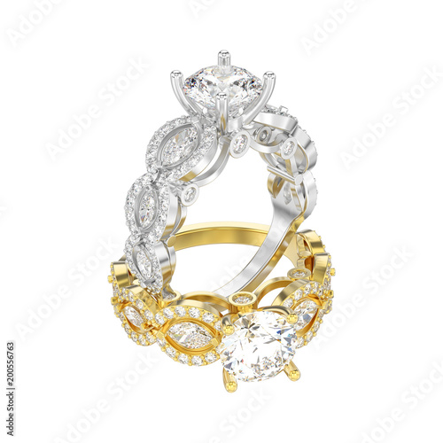 3D illustration isolated two yellow and white gold diamond decorative rings