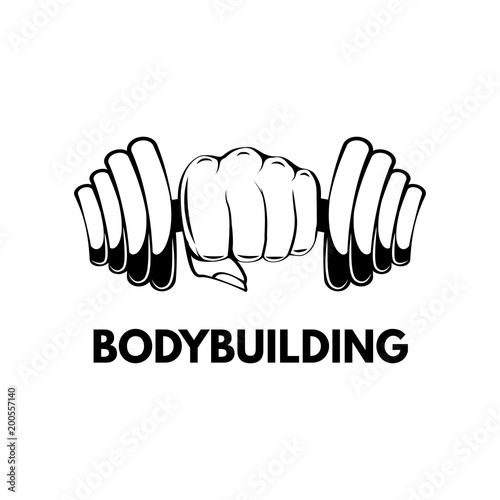 Dumbbell in hand. Bodybuilding. lettering. Gym, fitness label.  illustration