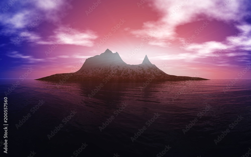 sea sunset over a rocky island,
3D rendering
