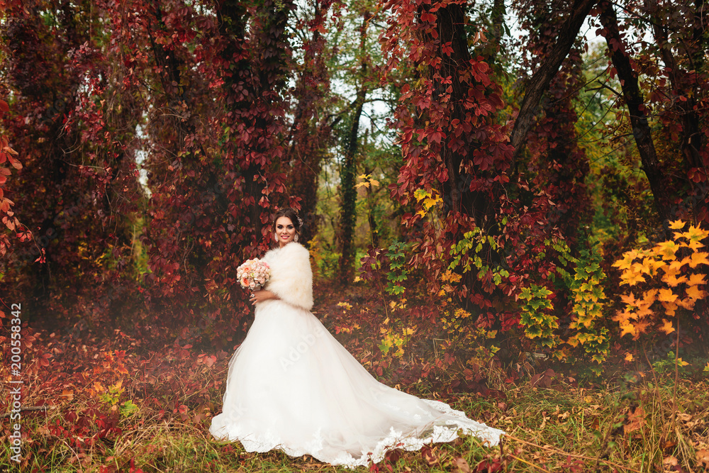 sensual bride stands in autumn forest and poses for camera sensual bride stands in autumn forest and poses for camera