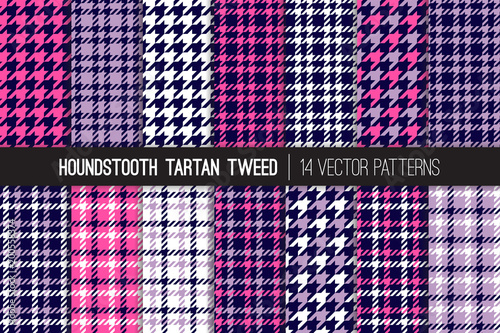  Navy, Deep Pink and Lilac Purple Houndstooth Tartan Tweed Vector Patterns. Girly Fashion Textile Backgrounds. Set of Dogs-tooth Check Fabric Textures. Pattern Tile Swatches Included