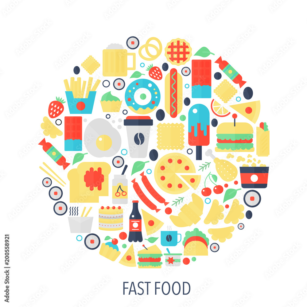 Fast food flat infographics icons in circle - color concept illustration for food cover, emblem, template.