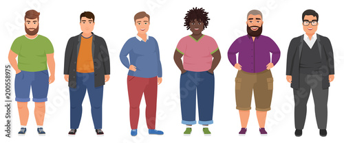 Happy fat man set in casual clothes. Funny cartoon bigg guys characters collection.