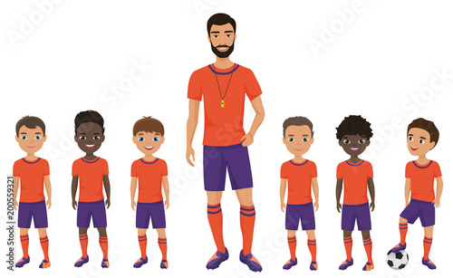 Little school kids football team with a coach. Vector illustration.