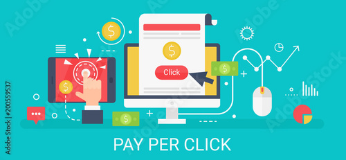 Flat modern vector concept Pay per click banner with icons and text.