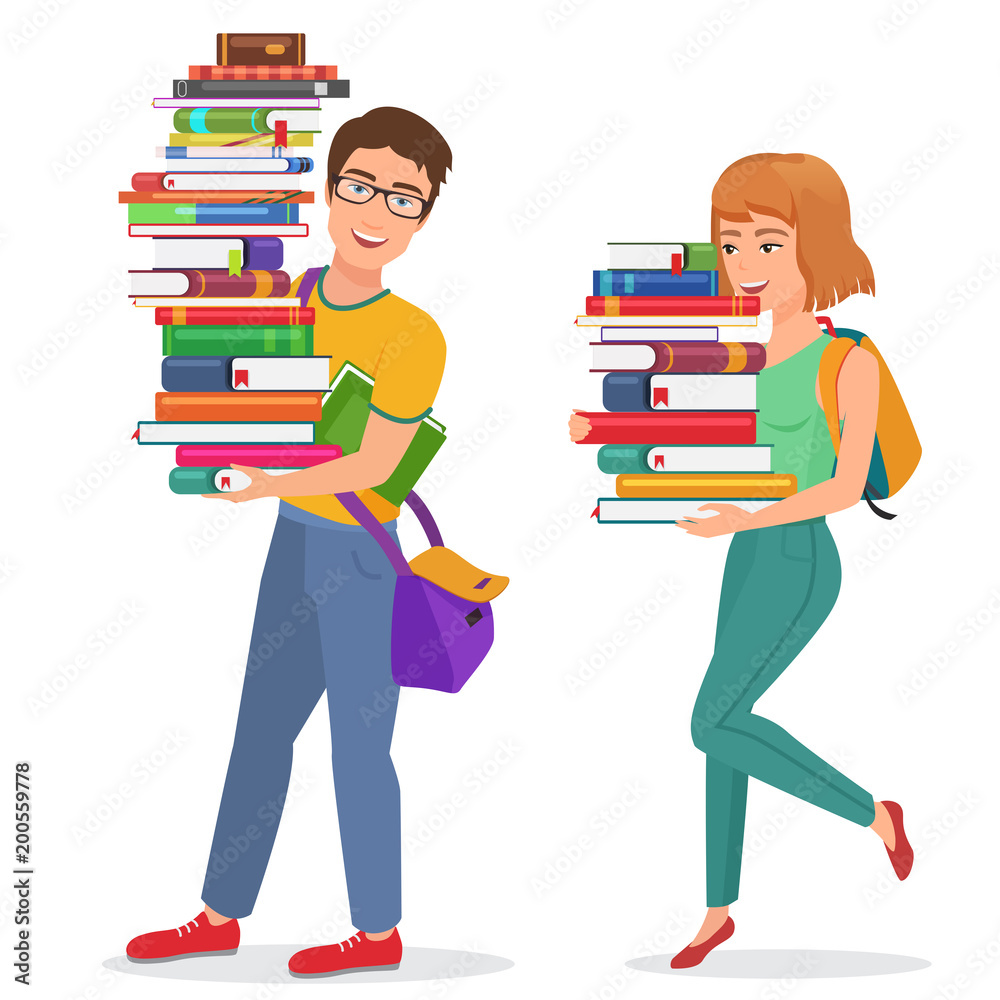 Vector Knowledge education illustration with guy and girl students carrying large stack of books. Man and woman student carrying books.