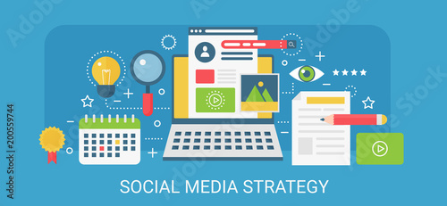 Flat modern vector concept Social media strategy banner with icons and text.
