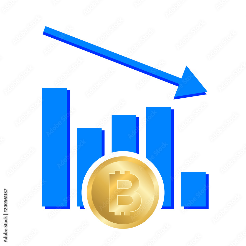 Vector Illustration. Graphic decrease bitcoin. Fall down currency.Finance