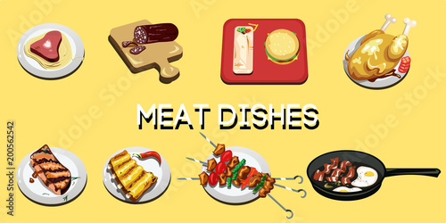 Set of 8 different cooked meat products, stacked on a plate.