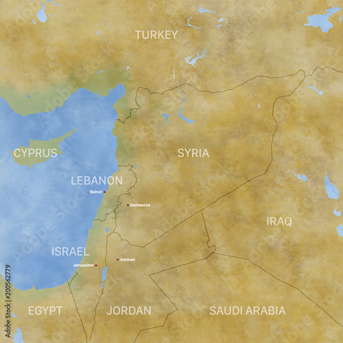 Cartina Siria e confini, cartina fisica Medio Oriente, penisola arabica, cartina con rilievi e montagne e mar Mediterraneo. Cartina su pergamena. Cartina disegnata a mano photo
