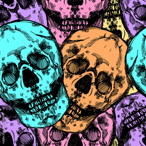 Realistic detailed hand drawn pattern of many old skull with cracks in neon colors.