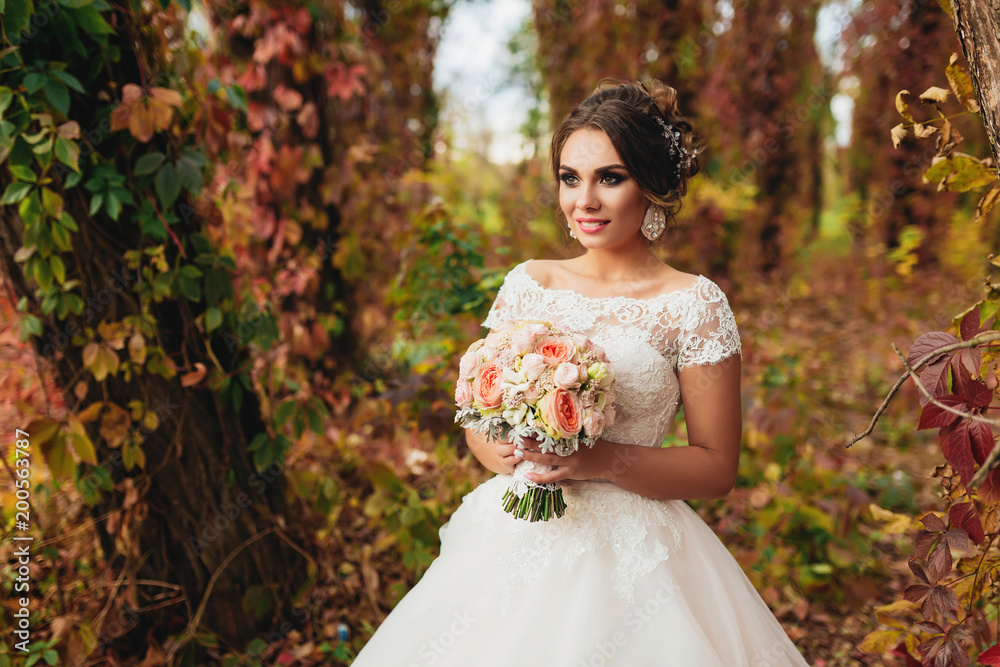 A beautiful bride portrait in the autumn forest. Bride in wedding dress on natural background. Wedding day.