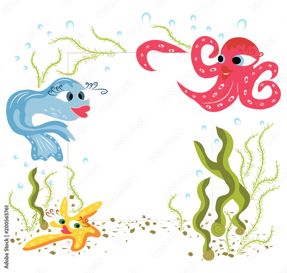 wild sea animals in cartoon style: octopus, starfish, goldfish. colored,  square frame or border, isolated on white Stock Vector | Adobe Stock