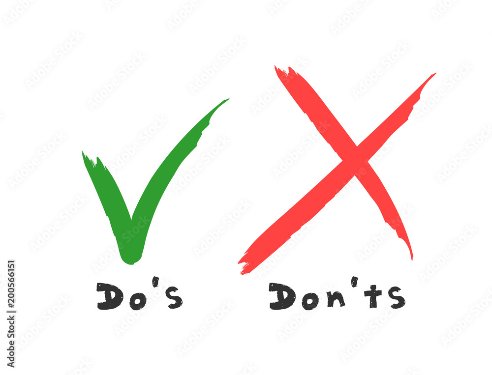 Handwritten Do and Dont check tick mark and red cross checkbox icons lettering design isolated on white background. Handwritten Do and Dont check tick mark and red cross checkbox icons lettering design isolated on white background.