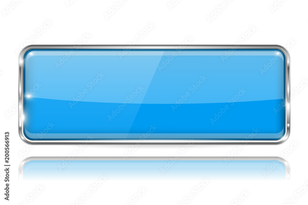 Blue rectangle glass button. 3d icon with chrome frame Blue rectangle glass button. 3d icon with chrome frame