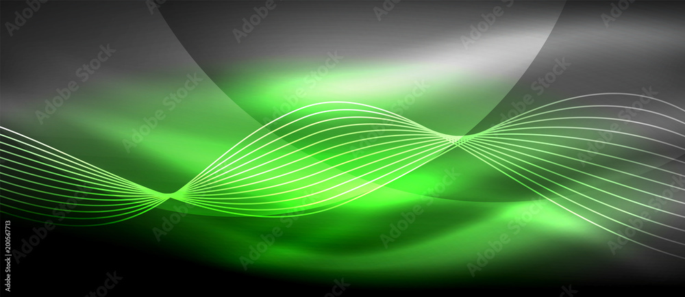 Naklejka premium Glowing abstract wave on dark, shiny motion, magic space light. Techno abstract background