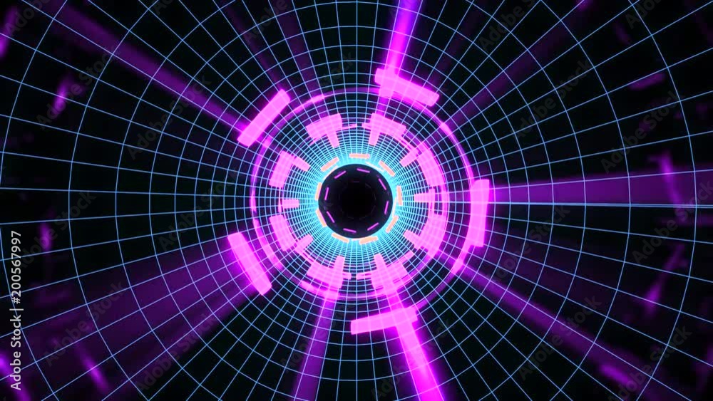 Flight in out through block grid neon lights abstract cyber tunnel motion graphics animation background loop new quality retro futuristic vintage style cool nice beautiful video footage