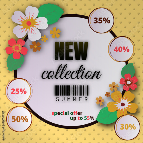  Summer banner with paper flowers for online shopping, advertising actions, magazines . Vector illustration.