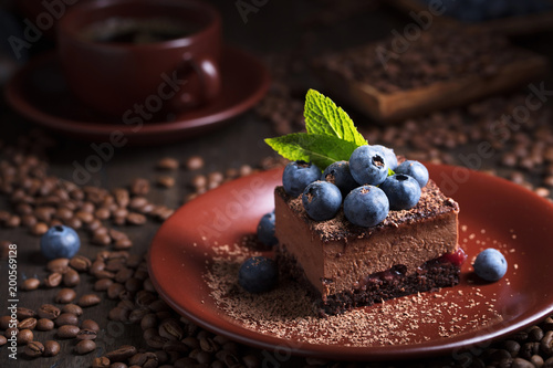 Chocolate cake with blueberries and mint .