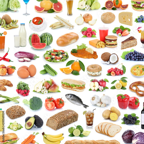 Collection of food and drink background collage healthy eating fruits vegetables square fruit drinks isolated