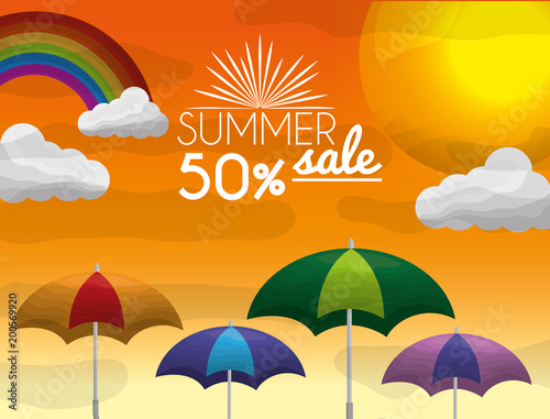 season summer rainbow sunshine day sale of fifty porcent umbrellas vector illustration