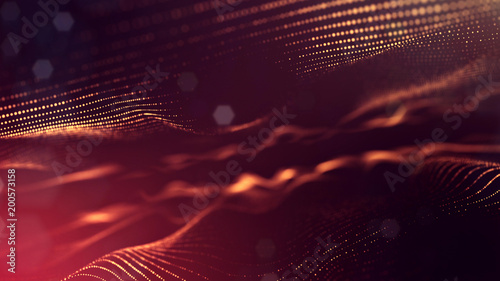 science fiction background of glowing particles with depth of field and bokeh. Particles form line and abstract surface grid. 3d rendering V2 red gold