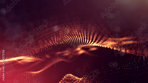 science fiction background of glowing particles with depth of field and bokeh. Particles form line and abstract surface grid. 3d rendering V12 red gold