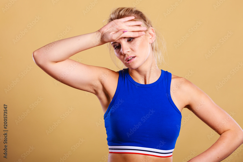 fitness woman with headache migraine pain fitness woman with headache migraine pain