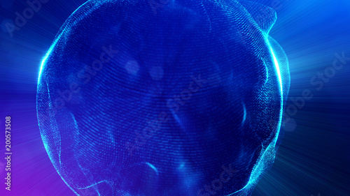 science fiction background of glowing particles with depth of field and bokeh. Particles form line and abstract surface grid. 3d rendering V12 blue spheres