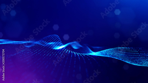 science fiction background of glowing particles with depth of field and bokeh. Particles form line and abstract surface grid. 3d rendering V16 blue