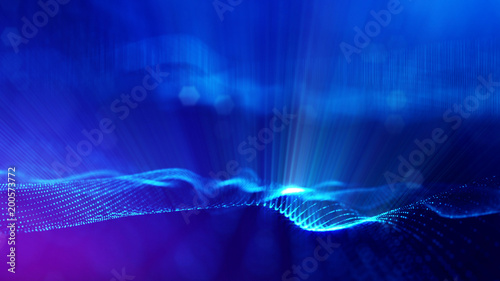 science fiction background of glowing particles with depth of field and bokeh. Particles form line and abstract surface grid. 3d rendering V18 blue with light rays
