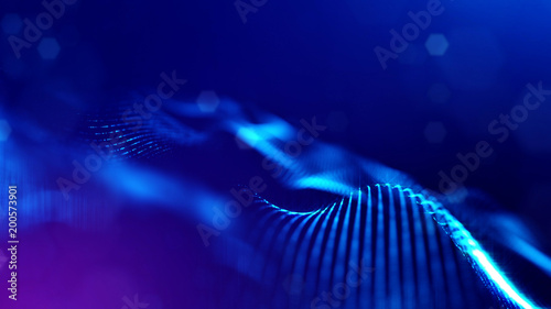 science fiction background of glowing particles with depth of field and bokeh. Particles form line and abstract surface grid. 3d rendering V20 blue
