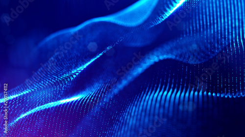 science fiction background of glowing particles with depth of field and bokeh. Particles form line and abstract surface grid. 3d rendering V24 blue