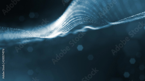 science fiction background of glowing particles with depth of field and bokeh. Particles form line and abstract surface grid. 3d rendering V11 dark background