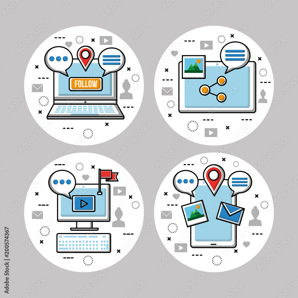 social media networks label with tecnology and tools vector illustration