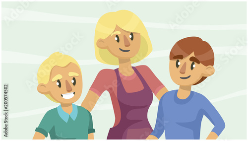 woman and boys smile. group portrait. vector illustration