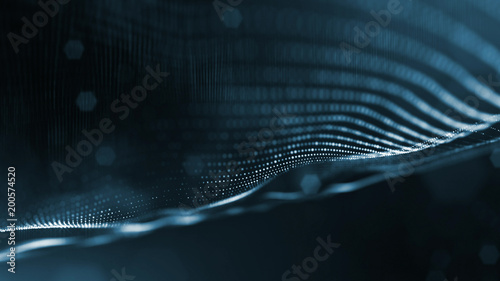 science fiction background of glowing particles with depth of field and bokeh. Particles form line and abstract surface grid. 3d rendering V15 dark background