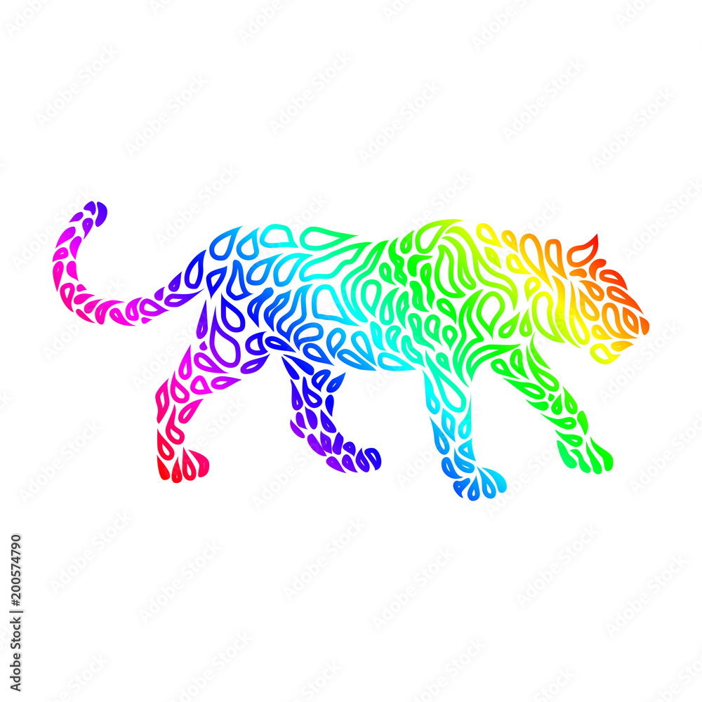 Silhouette of a panther in a tattoo style. Rainbow colors in whi