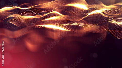 science fiction background of glowing particles with depth of field and bokeh. Particles form line and abstract surface grid. 3d rendering V87 red gold