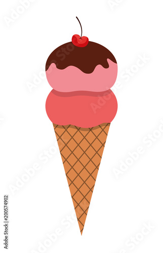 ice cream cone cherry sweet wafer vector illustration