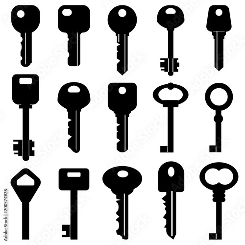 Set of black keys of different shapes. Vector illustration.