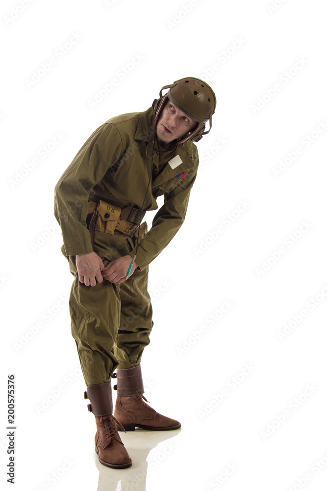 Man actor in military uniform of American tankman of World War II posing on  white background Stock Photo | Adobe Stock