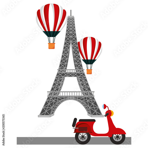 tower eiffel paris scooter and hot air balloons vector illustration