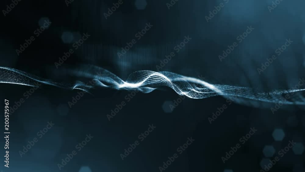 3d loop animation for science fiction background of glowing particles with depth of field and bokeh. Particles form line and surface grid for vj loop. V 3 black