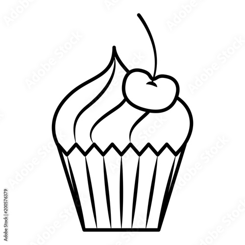 sweet cupcake cherry cream bakery vector illustration outline