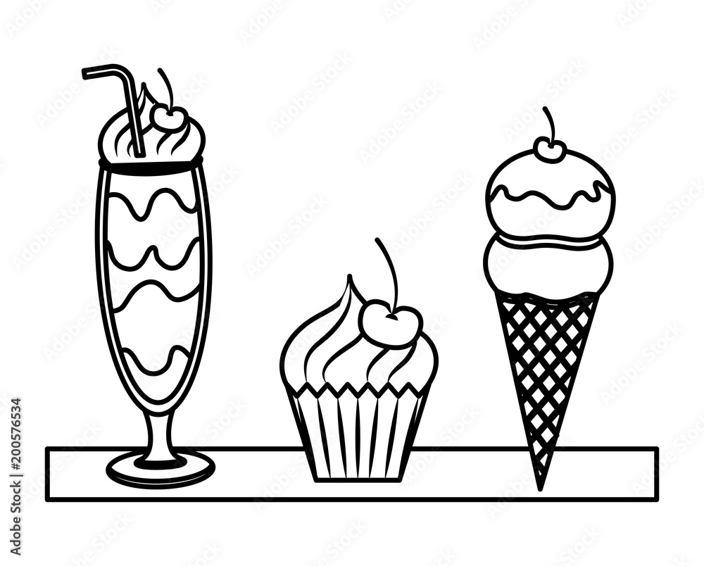 sweet pastry bakey ice cream cupcake milkshake vector illustration outline