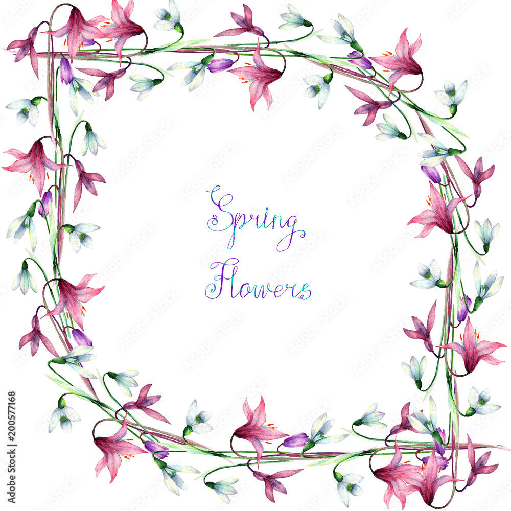 Snowdrops,Erythronium, Colorful floral card with leaves and flowers,drawing watercolor.Spring or summer design, watercolor floral set, handmade, frame,white and purple color