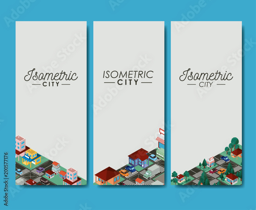 isometric city scene cards icons