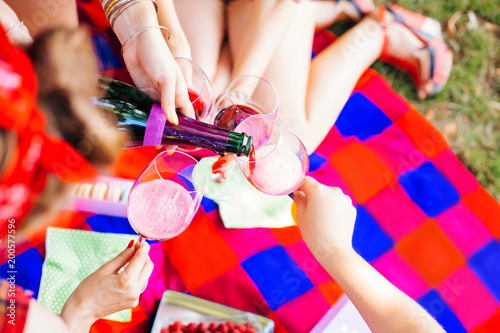 Group of friends at park having fun party. Girls with glasses of wine in hands on picnic. Close-up